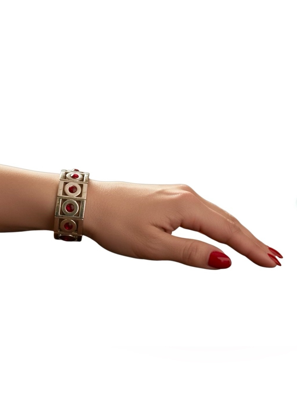 BOUTIQUE Silver Square Stretch Cuff Bracelet Red Stones